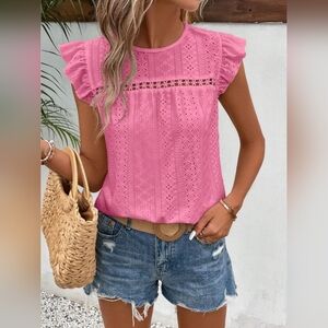 Full Size Pink Eyelet Lace Women's Top Sizes- S-2X